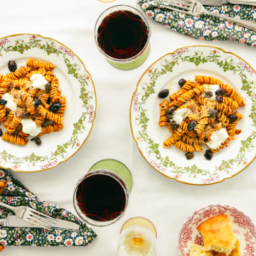 Fusilli-with-red-pesto,-burrata-&-olives