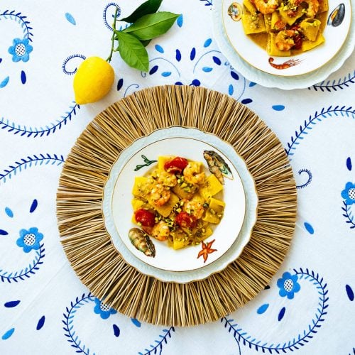 Paccheri with Prawns, cherry tomatoes & Pistachio Pesto Sauce