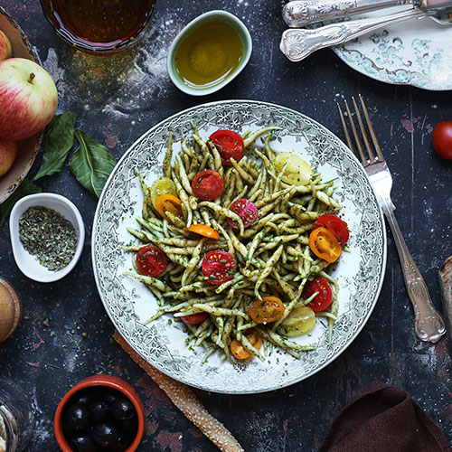 Trofie Recipe: Trofie & fresh Genovese Pesto with Cherry Tomatoes